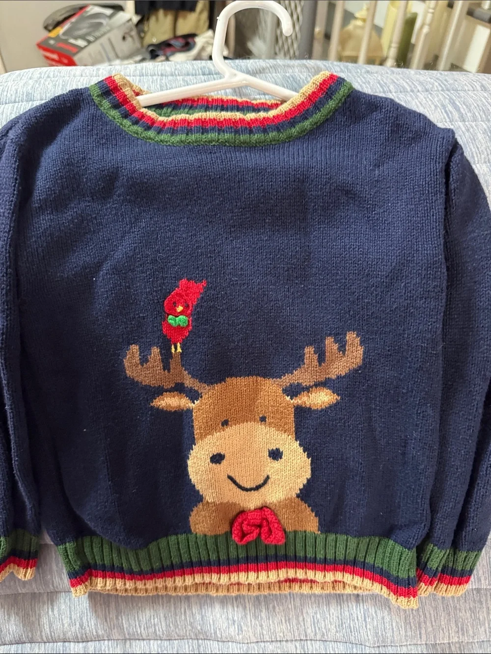 Florence Eiseman Navy Crewneck Moose Sweater with Red Cardinal